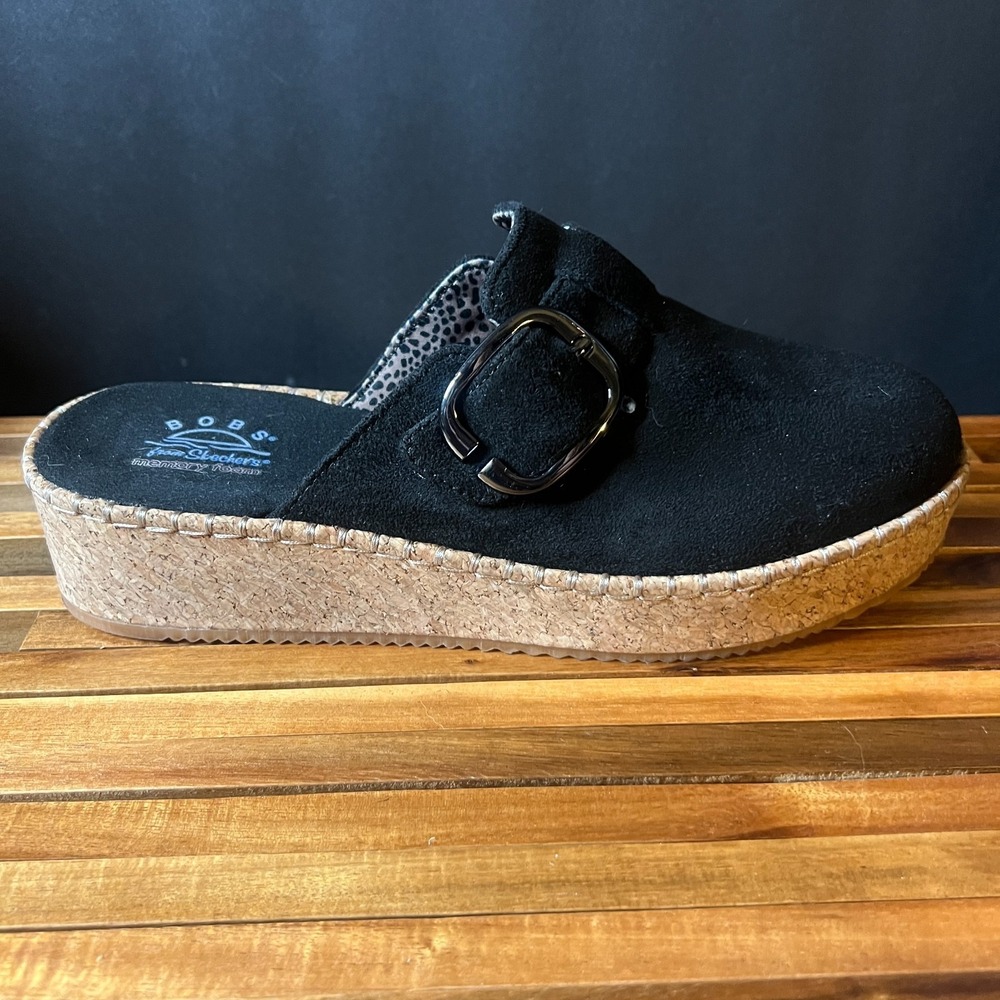 Skechers Black Suede Buckle Cork Mules Size 9-1/2 BUT fit like a true size 10